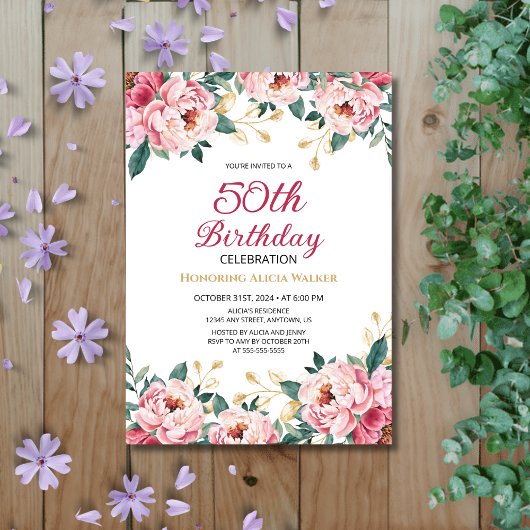 Elegant Rood Roze Pioen Bloemen Goud Blad Verjaard Kaart