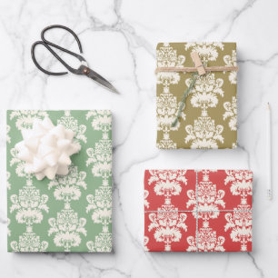 Elegant Rood Salie Groen Goud Damast Inpakpapier Vel