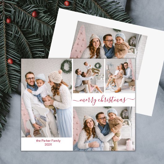 Elegant Rood Script 5 Fotocollage Kerst Kaarten