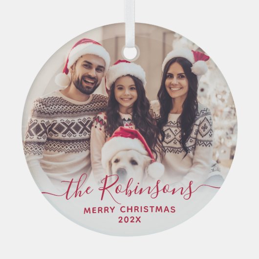 Elegant rood script familie foto vrolijk kerstfees glas ornament (Voorkant)
