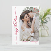 Elegant rood script gebladerte foto boog kerst feestdagenkaart (Staand voorkant)