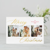 Elegant rood script vrolijke kerst foto collage folie feestdagenkaart (Staand Voorkant)
