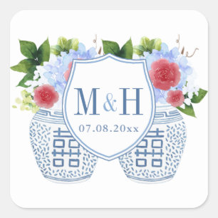 Elegant rood wit blauw bruiloft monogram vierkante sticker