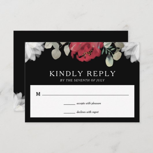 Elegant Rood Wit Bloemen Groen op Zwart Bruiloft RSVP Kaartje (Voorkant / Achterkant)
