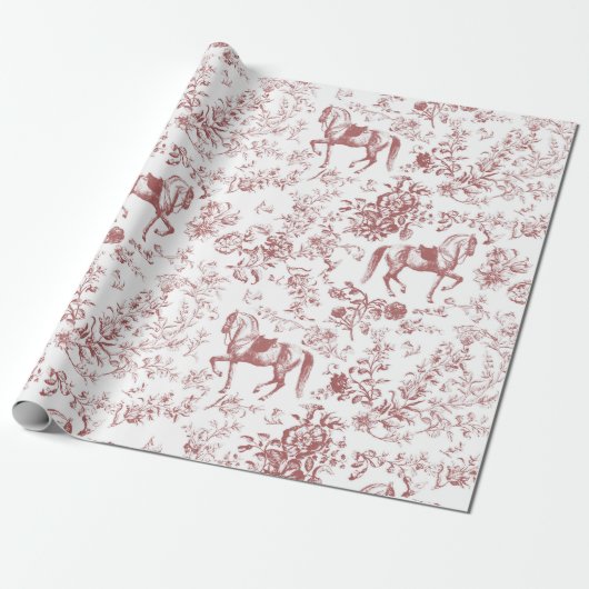 Elegant Rood Wit Paard Bloemenpatroon Cadeaupapier (Uitgerold)