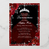 Elegant rood zilver Roos jurk quinceanera Folie Uitnodiging (Voorkant)