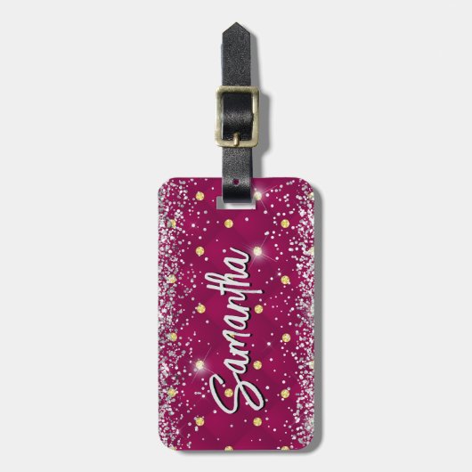Elegant rood zilver sparkly glitter monogram bagagelabel (Voorkant verticaal)