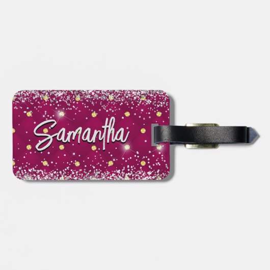 Elegant rood zilver sparkly glitter monogram bagagelabel (Achterkant horizontaal)