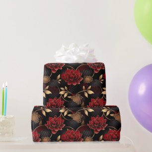 Elegant rood, zwart en goud bloemmotief marmerpatr cadeaupapier