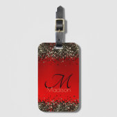 Elegant rood zwart goudglitter monogram bagagelabel (Voorkant (verticaal))