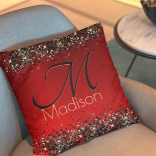 Elegant rood zwart goudglitter monogram kussen