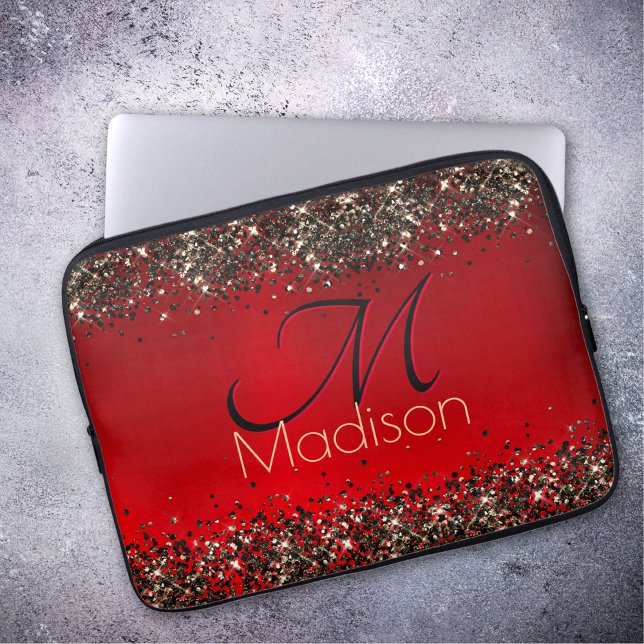 Elegant rood zwart goudglitter monogram laptop sleeve (Creator heeft geüpload)