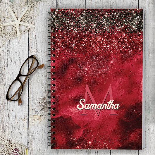 Elegant rood zwart goudglitter monogram notitieboek