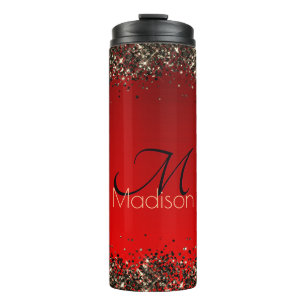 Elegant rood zwart goudglitter monogram thermosbeker