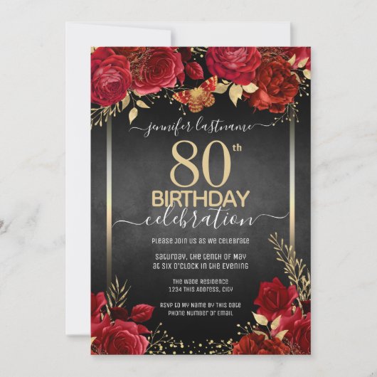 Elegant Roos 80th Birthday Invitation Kaart (Voorkant)