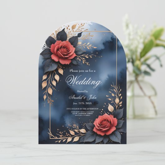 Elegant roos arrangement met goudkleurig blad kaart (Staand voorkant)