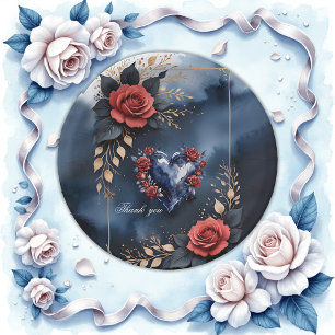 Elegant roos arrangement met goudkleurig blad papieren bordje