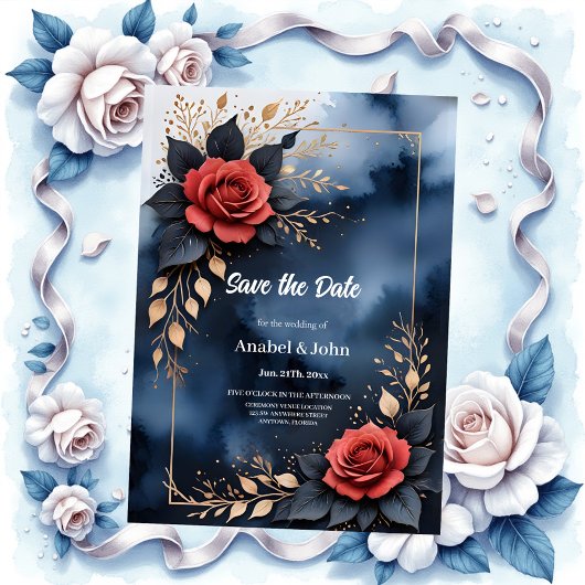 Elegant roos arrangement met goudkleurig blad save the date