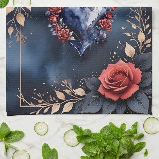 Elegant roos arrangement met goudkleurig blad theedoek (Gevouwen)