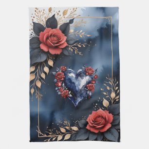 Elegant roos arrangement met goudkleurig blad theedoek