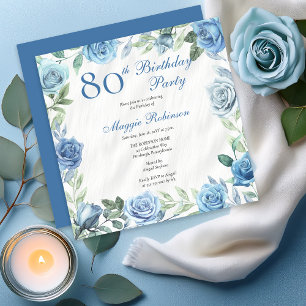 Elegant Roos Blauw Bloemen Lijst 80ste Verjaardag  Kaart