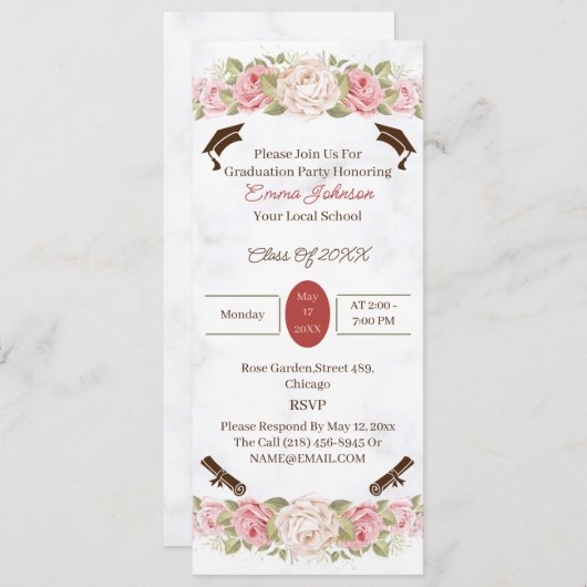 Elegant Roos Bloemen Custom Afstuderen Kaart (Voorkant / Achterkant)