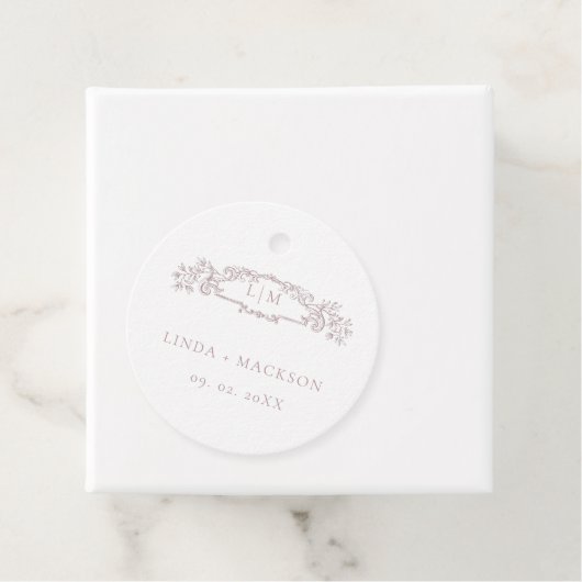 Elegant Roos botanische kam monogram bruiloft Bedankjes Labels (In situ)