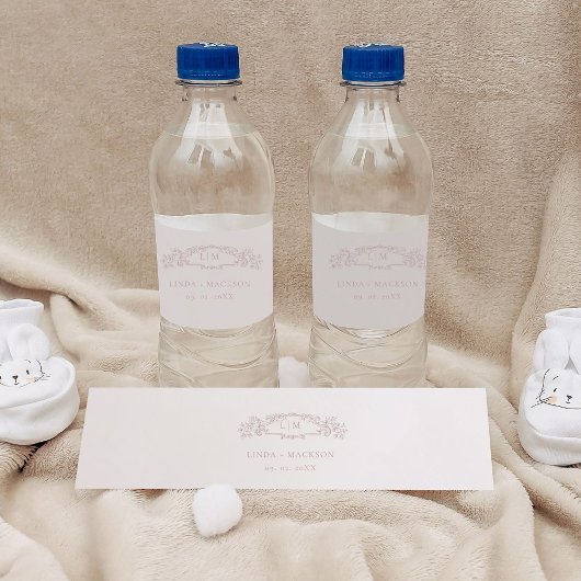 Elegant Roos botanische kam monogram bruiloft Waterfles Etiket