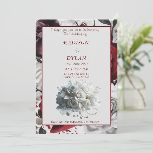 Elegant Roos bruiloft uitnodiging met witte rozen (Staand voorkant)