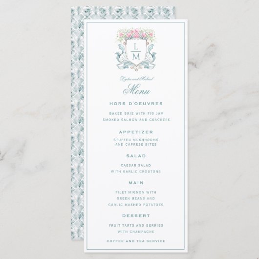 Elegant Roos Crest w / Bow | Monogram bruiloft Menu (Voorkant / Achterkant)