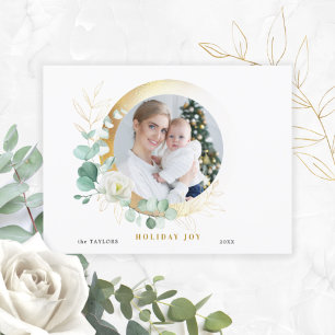 Elegant Roos, Eucalyptus en Round Gold Photo Feestdagenkaart