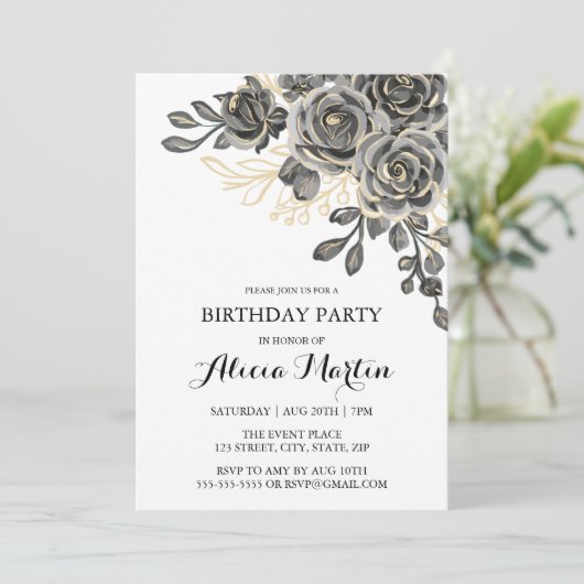 Elegant Roos Flora Zwart & Goud Verjaardagsfeest Kaart (Staand voorkant)