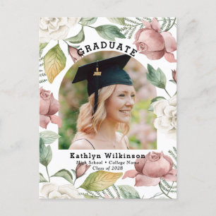 Elegant Roos Floral Foto Afstuderen Aankondiging Briefkaart
