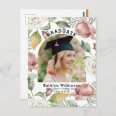 Elegant Roos Floral Foto Afstuderen Aankondiging Briefkaart (Voorkant / Achterkant)