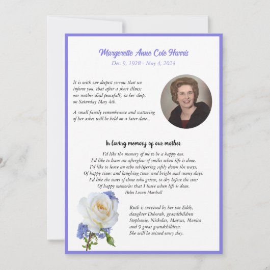 Elegant Roos Foto Lijst Dood Aankondiging (Voorkant)