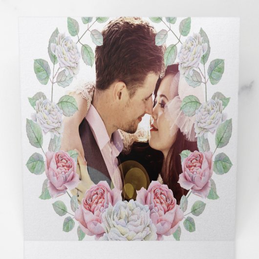 Elegant Roos Garden Floral Wreath Wedding Drieluik Uitnodiging (Binnenzijde eerst)