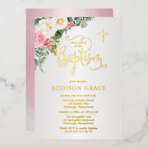 Elegant Roos Garden - Girl Baptism - Gold Folie Uitnodiging