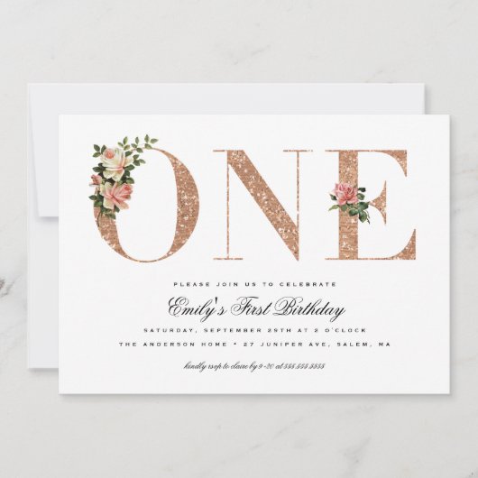 Elegant  Roos Glitter 1e verjaardag Kaart (Voorkant)