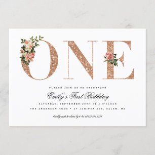 Elegant  Roos Glitter 1e verjaardag Kaart