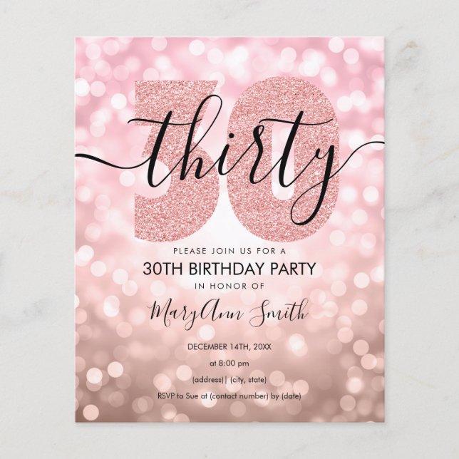 Elegant Roos Gold 30th Birthday Party Invite (Voorkant)