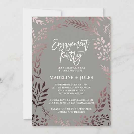 Elegant Roos Gold and Grey Engagement Party Kaart (Voorkant)