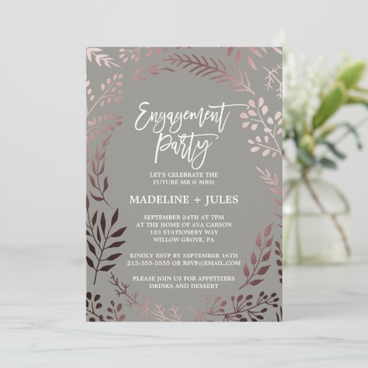 Elegant Roos Gold and Grey Engagement Party Kaart (Staand voorkant)