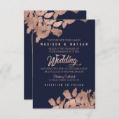 Elegant Roos Gold and Navy Floral Wedding Invitati Kaart (Voorkant / Achterkant)