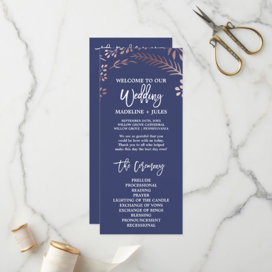 Elegant Roos Gold and Navy Wedding Program Programma (Voorkant / Achterkant in situ)