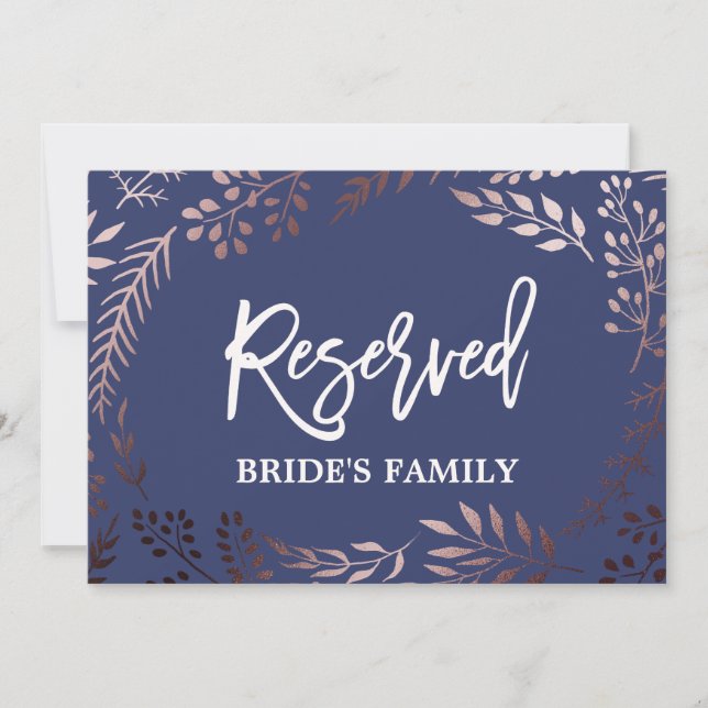 Elegant Roos Gold and Navy Wedding "Reserved" Sign (Voorkant)