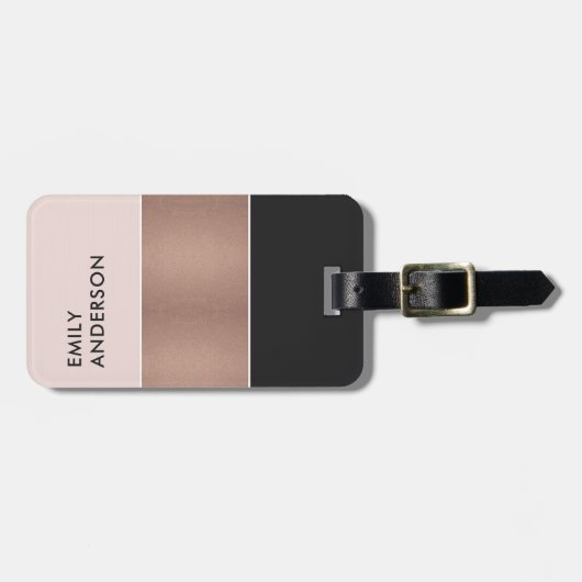 ELEGANT ROOS GOLD BLUSH PINK COPPER BLACK STRIPS BAGAGELABEL (Voorkant horizontaal)