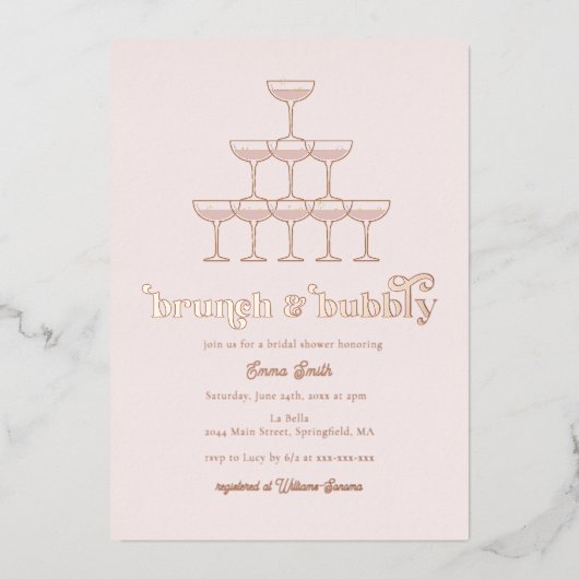 Elegant Roos Gold Brunch & Bubble Vrijgezellenfees Folie Uitnodiging (Voorkant)