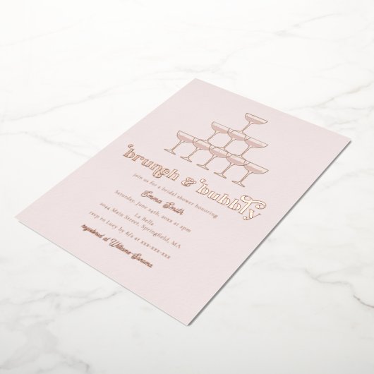 Elegant Roos Gold Brunch & Bubble Vrijgezellenfees Folie Uitnodiging (Gedraaid)