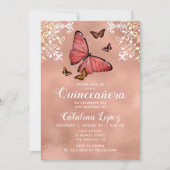 Elegant Roos Gold Butterfly Floral Quinceañera Kaart (Voorkant)