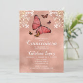 Elegant Roos Gold Butterfly Floral Quinceañera Kaart (Staand voorkant)